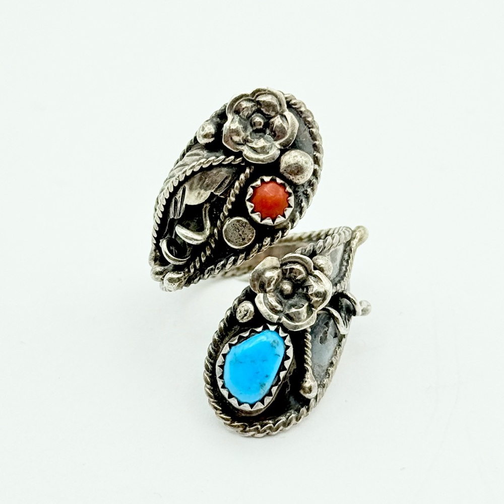 Turquoise Coral Sterling Silver Bypass Ring - Native American Signed G Wrap Ring